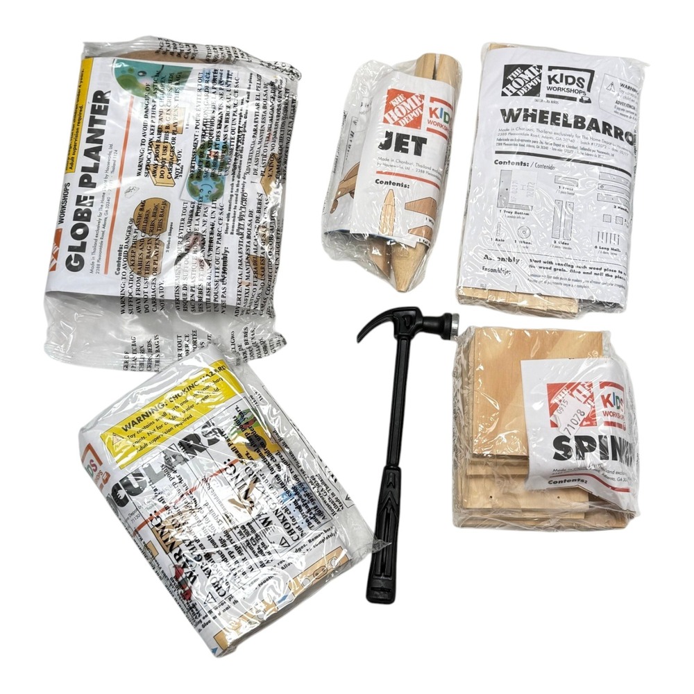 Home Depot Kids Workshop Craft Kit Lot‎ 5  Wood Planter Spinner Box Hammer more
